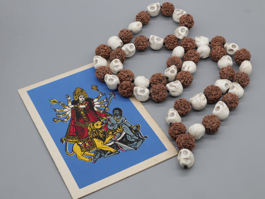 Om Kali Shiva Mala: Rudraksha, Howlite & Skull Prayer Beads
