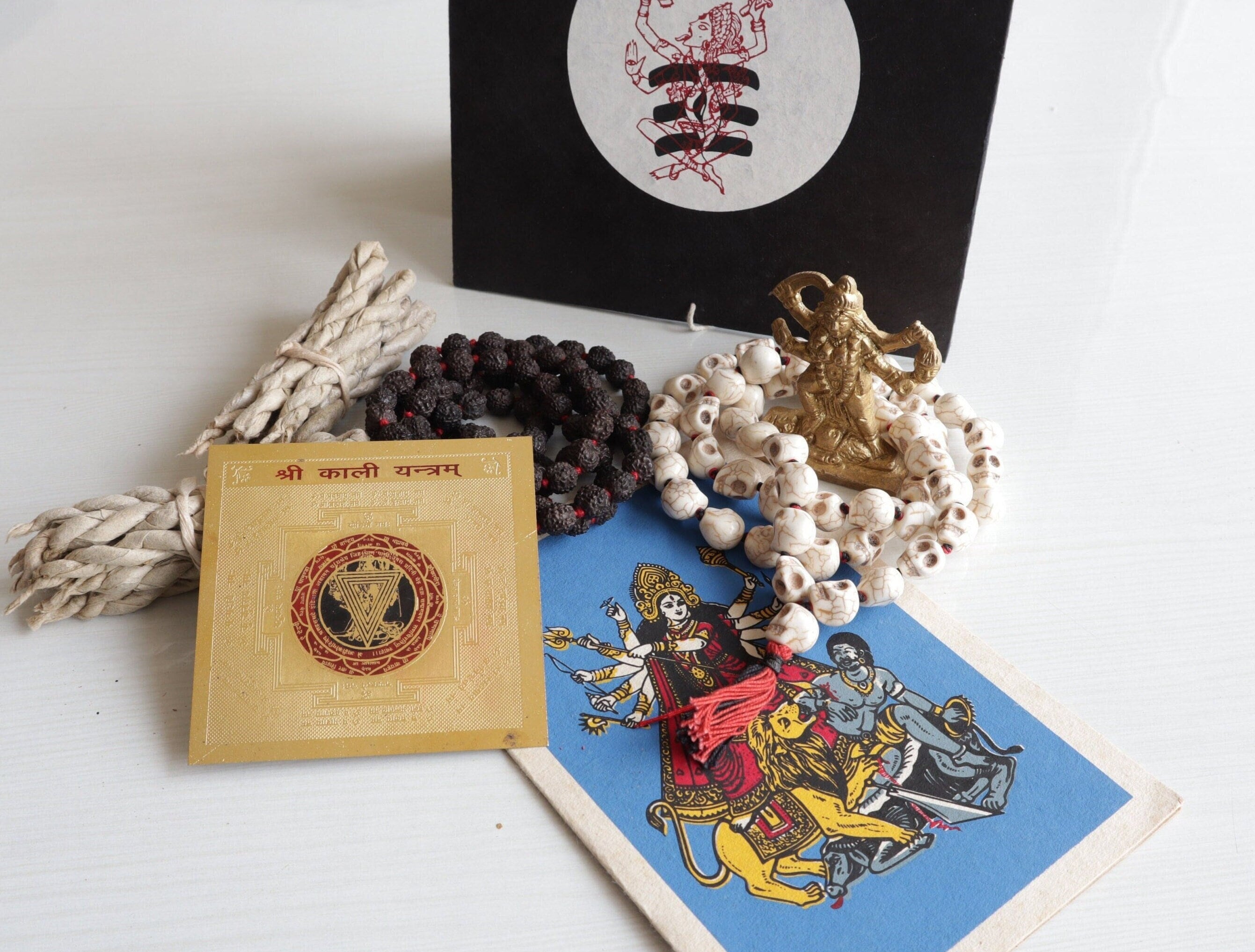 Om Kali Divine Gift Box - Skull Kali Necklace, 108+1 Rosary Rudraksha, Brass Kali Statue, Kali Yantra | Hindu Deity Spiritual Gift Idea