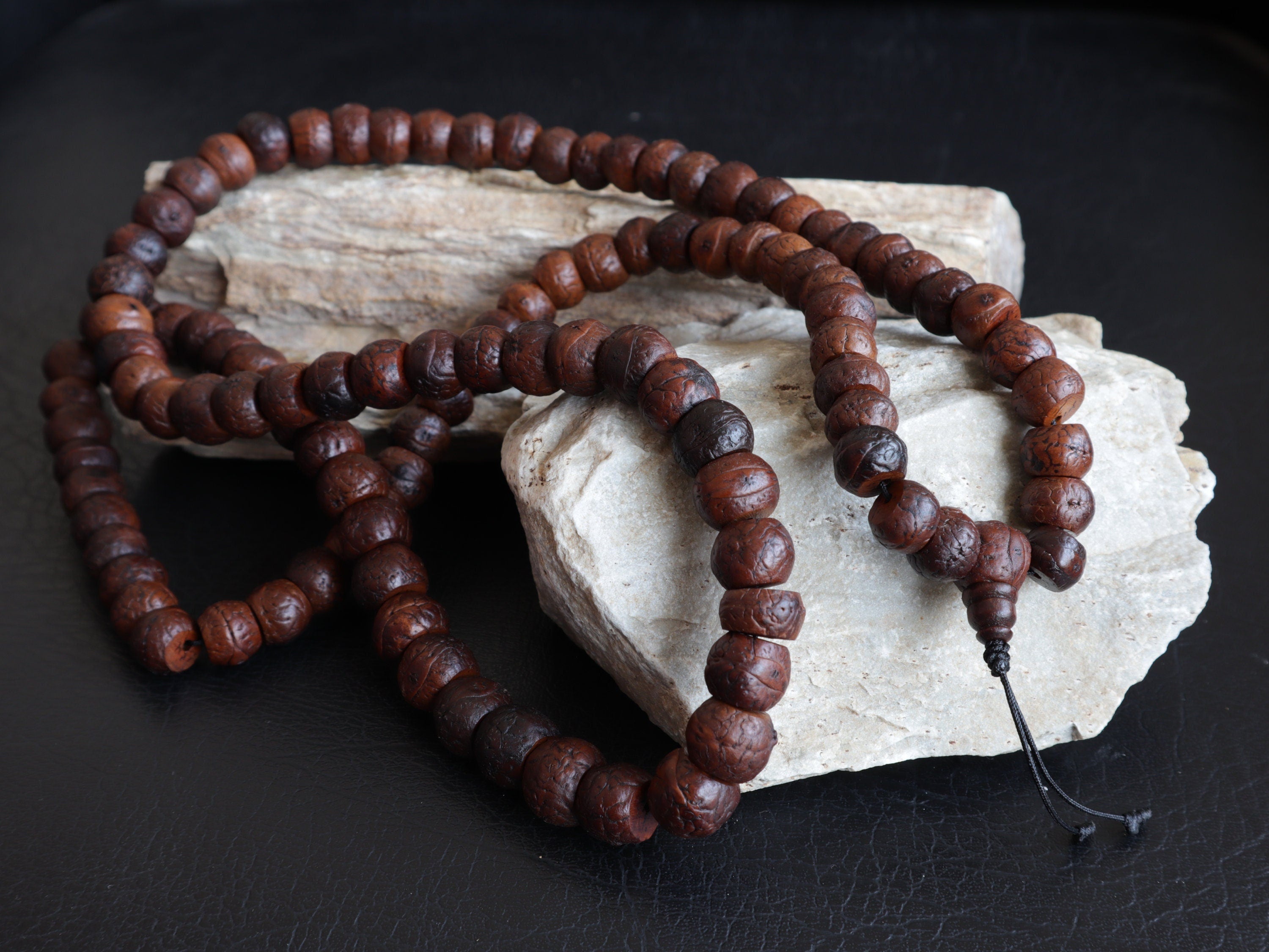 Tibetan Bodhi Seed Mala, Aged Dark Phoenix Eye Buddhist Japa Prayer Beads, Free Bodhi Bracelet