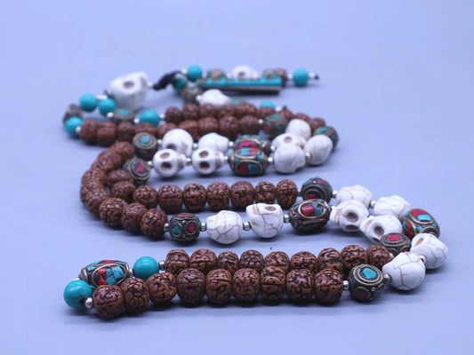 Handmade spiritual mala necklace with brown Rudraksha, white bone beads, and turquoise accents