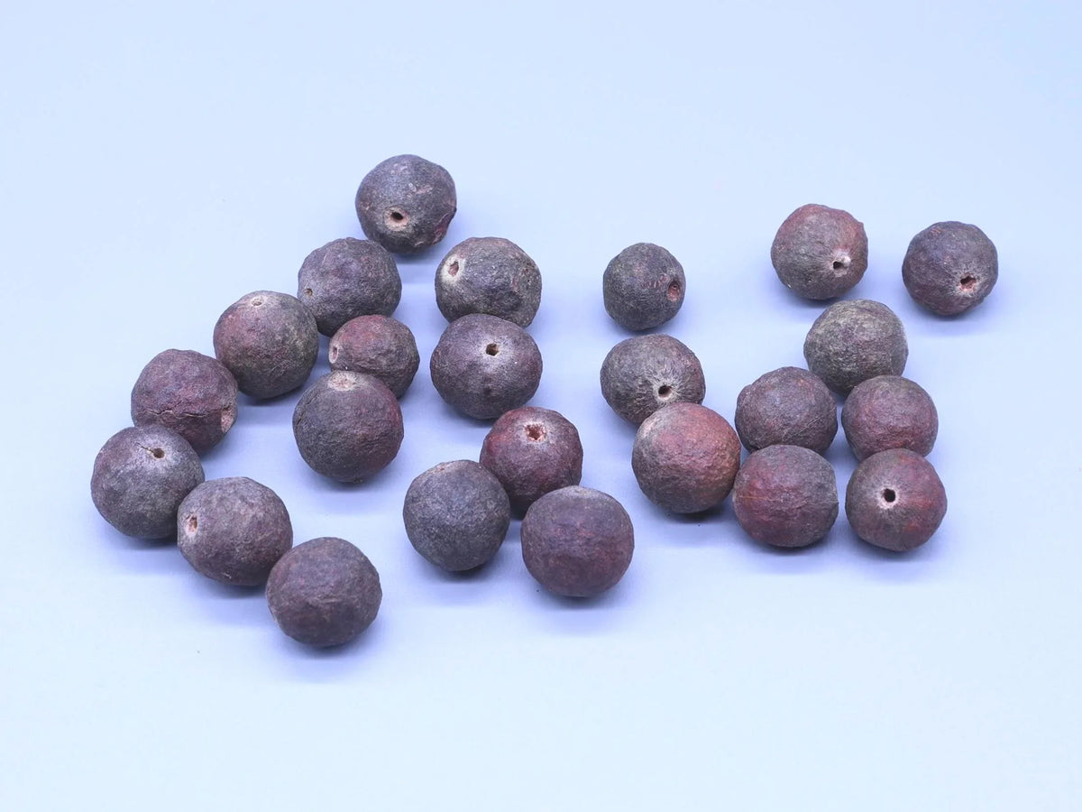 Small, rounded reddish-brown spiritual prayer beads scattered on a plain white background.