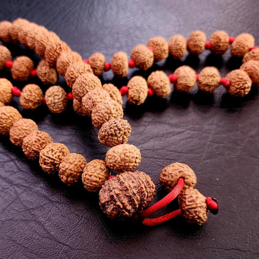 Authentic brown Rudraksha beads mala with red string on a dark textured background