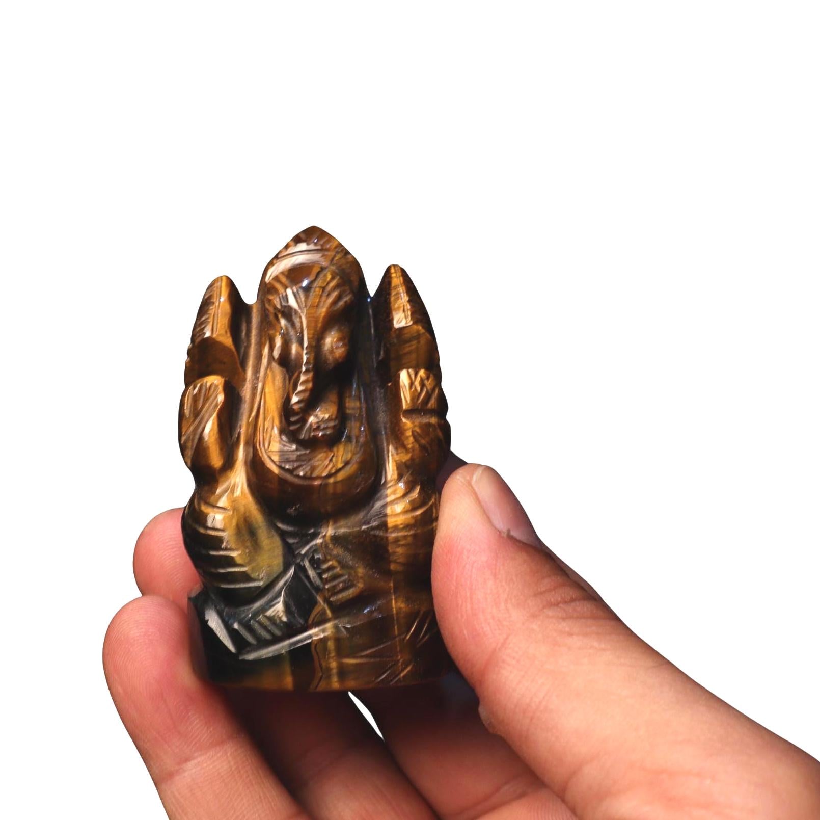 Tiger Eye Ganesha Statue: Hand-Carved Hindu Elephant God Altar Decor