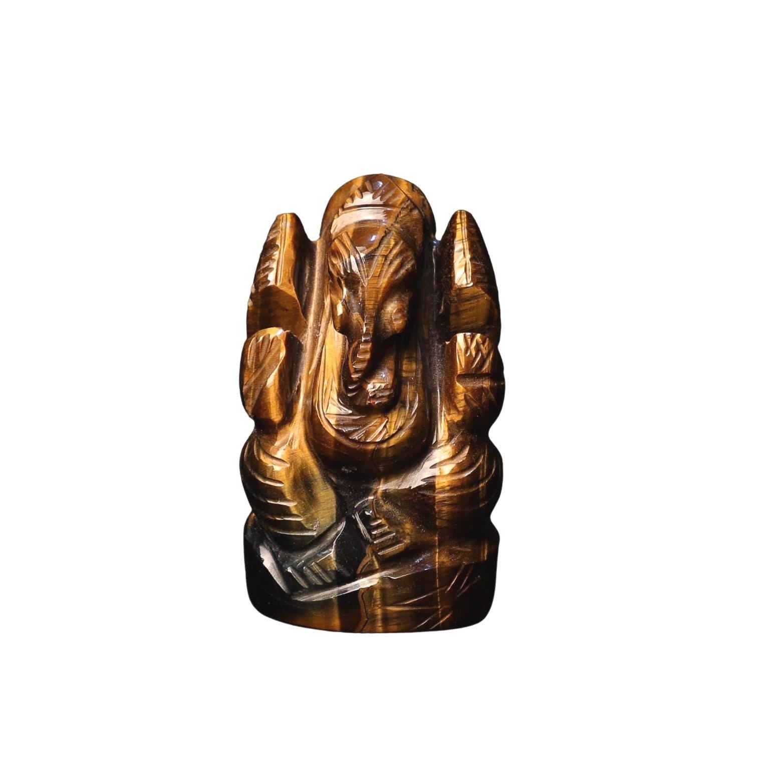 Tiger Eye Ganesha Statue: Hand-Carved Hindu Elephant God Altar Decor