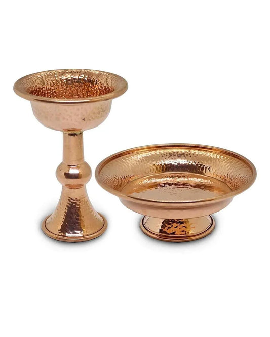 Hand-hammered copper puja bowl and pedestal stand set