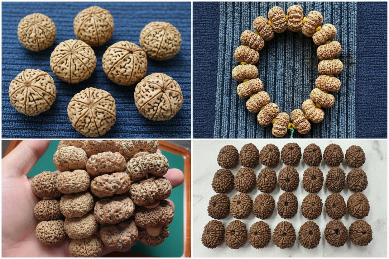 Comparison of authentic Rudraksha beads showing Nepali, Indian, Indonesian varieties with different mukhi patterns, sizes, and natural textures