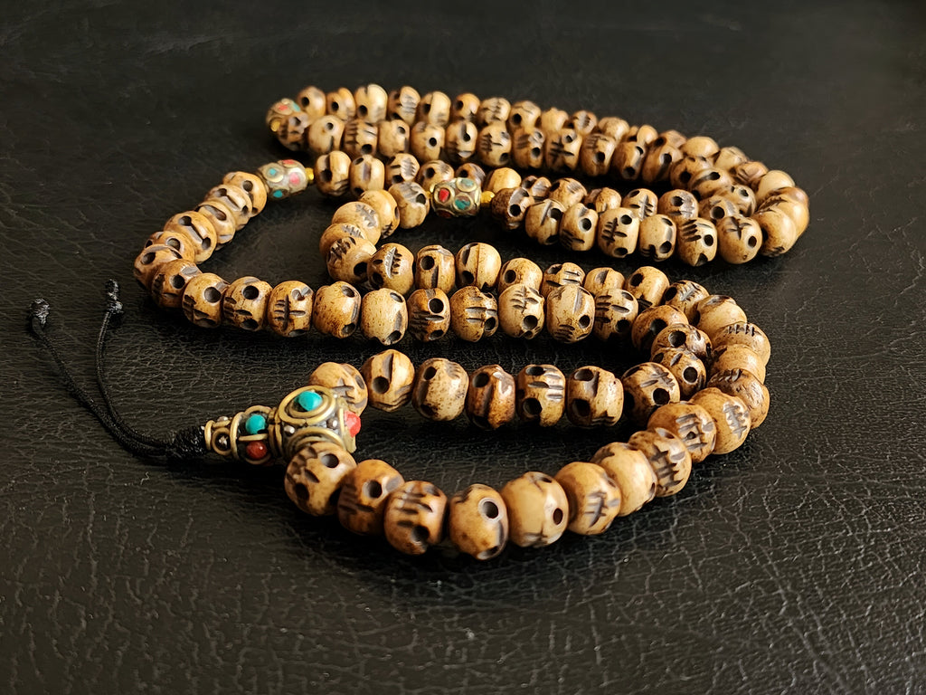 Tibetan Skull Bead Necklace Hand Carved 108 Bone Prayer Beads With Natural Stones
