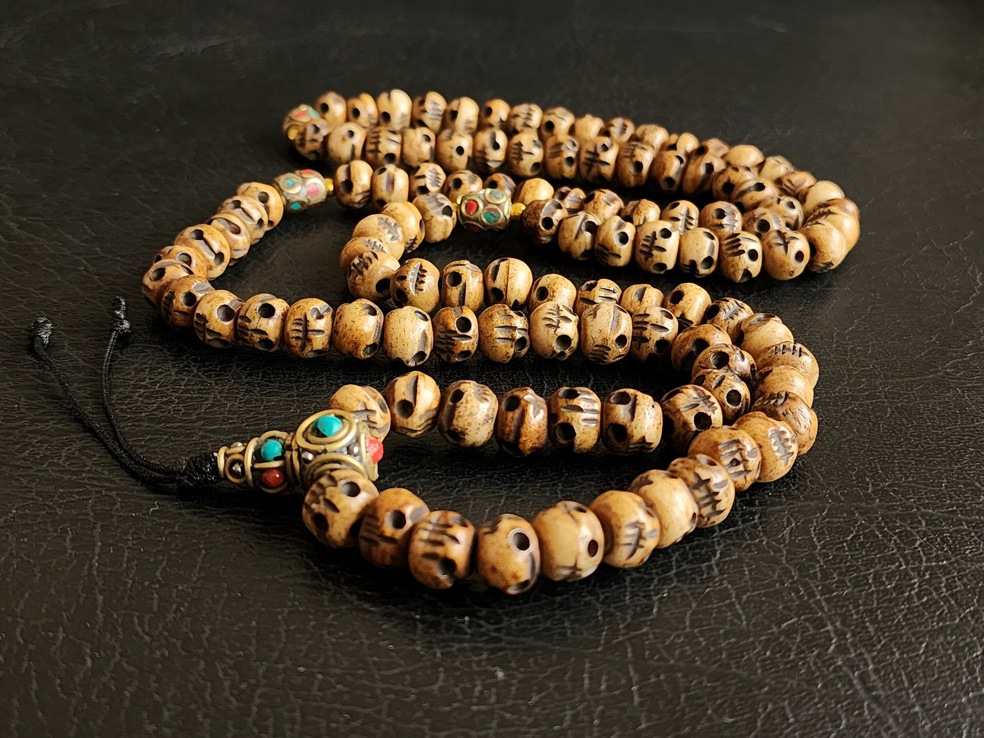 Tibetan Skull Bead Necklace Hand Carved 108 Bone Prayer Beads With Natural Stones