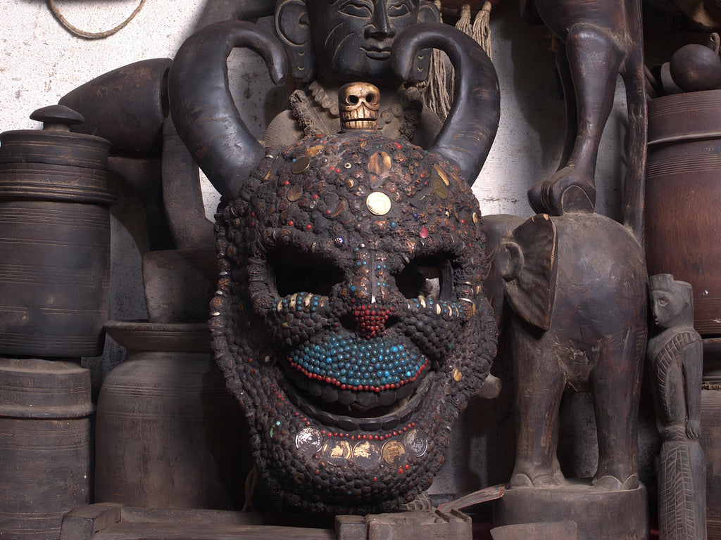 Tibetan Skull Demon King Mask With Water Buffalo Horn And Natural Stones