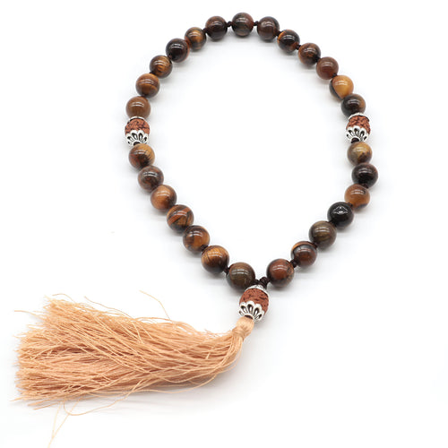 27 beads Knotted Tiger Eye Travel Mala Prayer Beads, Mini Pocket Mala, Tiger Eye & Rudraksha Prayer Beads, Meditation, Silk Tassel