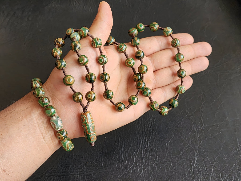 Tibetan 9 Eye Dzi Beads Necklace And Bracelet Set- Nine Eye Good Luck Mala - Yin & Yang Protection Bead Mala - Spiritual Gift For Well-Being