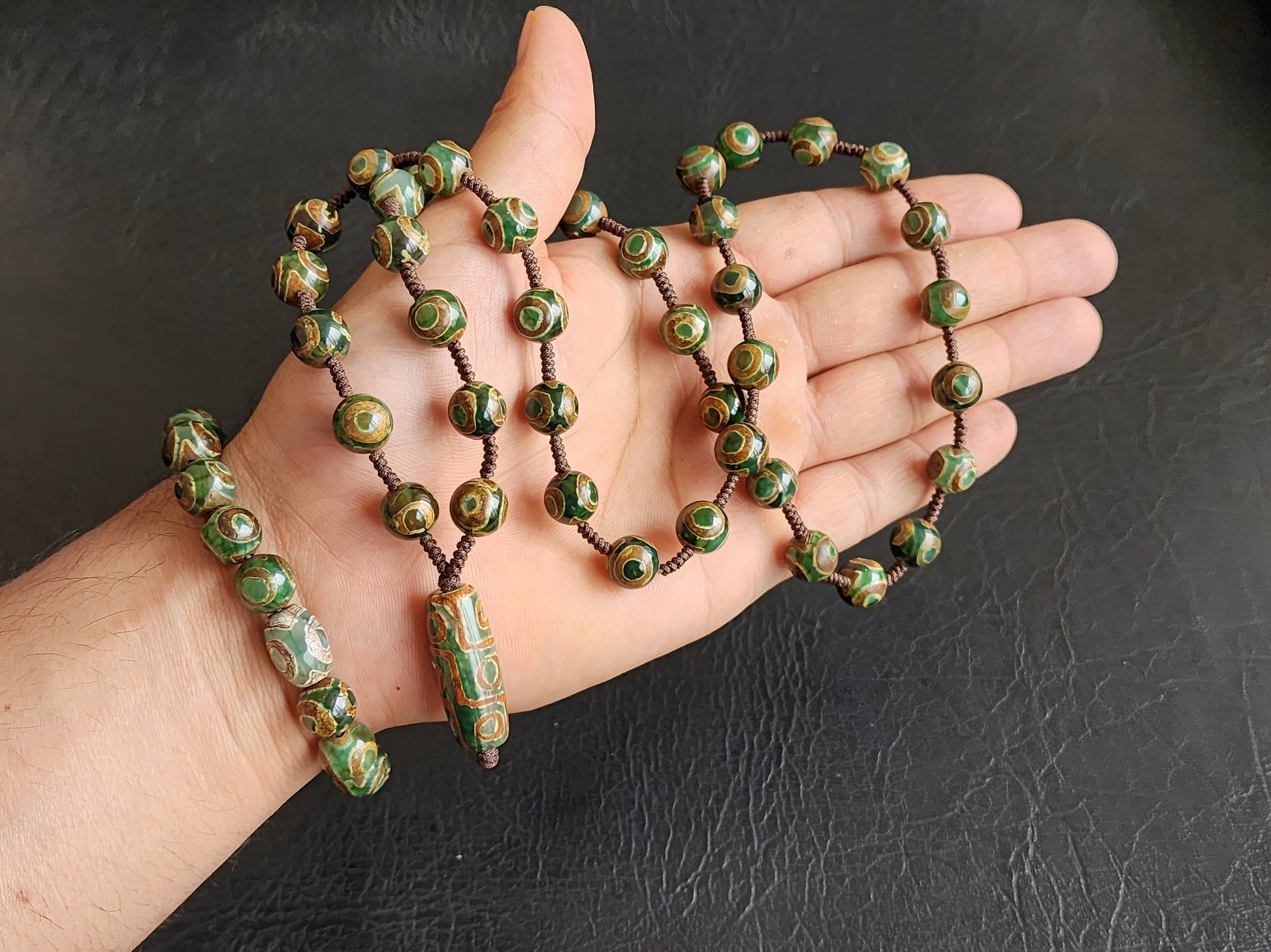 Tibetan 9 Eye Dzi Beads Necklace And Bracelet Set- Nine Eye Good Luck Mala - Yin & Yang Protection Bead Mala - Spiritual Gift For Well-Being
