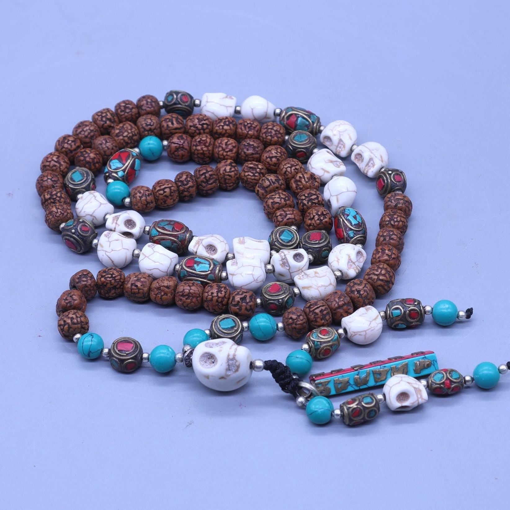 Shaman Of Peace and Protection; Tibetan Om Mane Padme Hum Beaded Necklace | Powerful Tibetan Buddhism Mala
