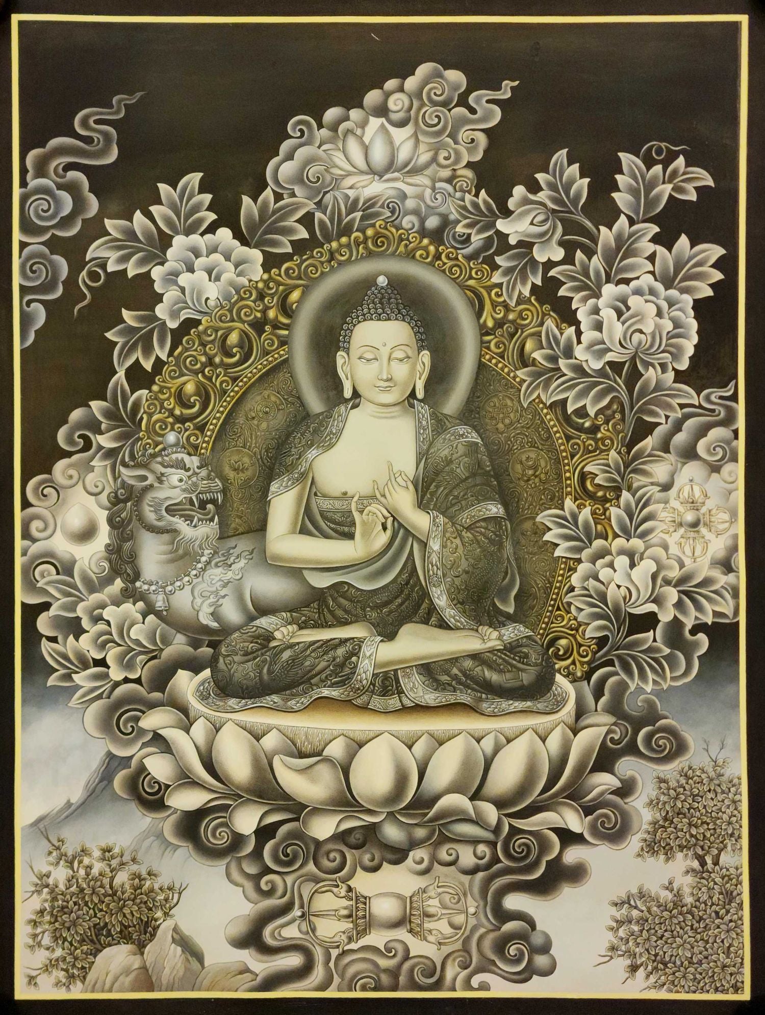 Vairochana Buddha Thangka,  Master Quality, Buddhist Traditional Painting, Newari Style        , The cosmic Buddha, symbolizing the illumination of reality