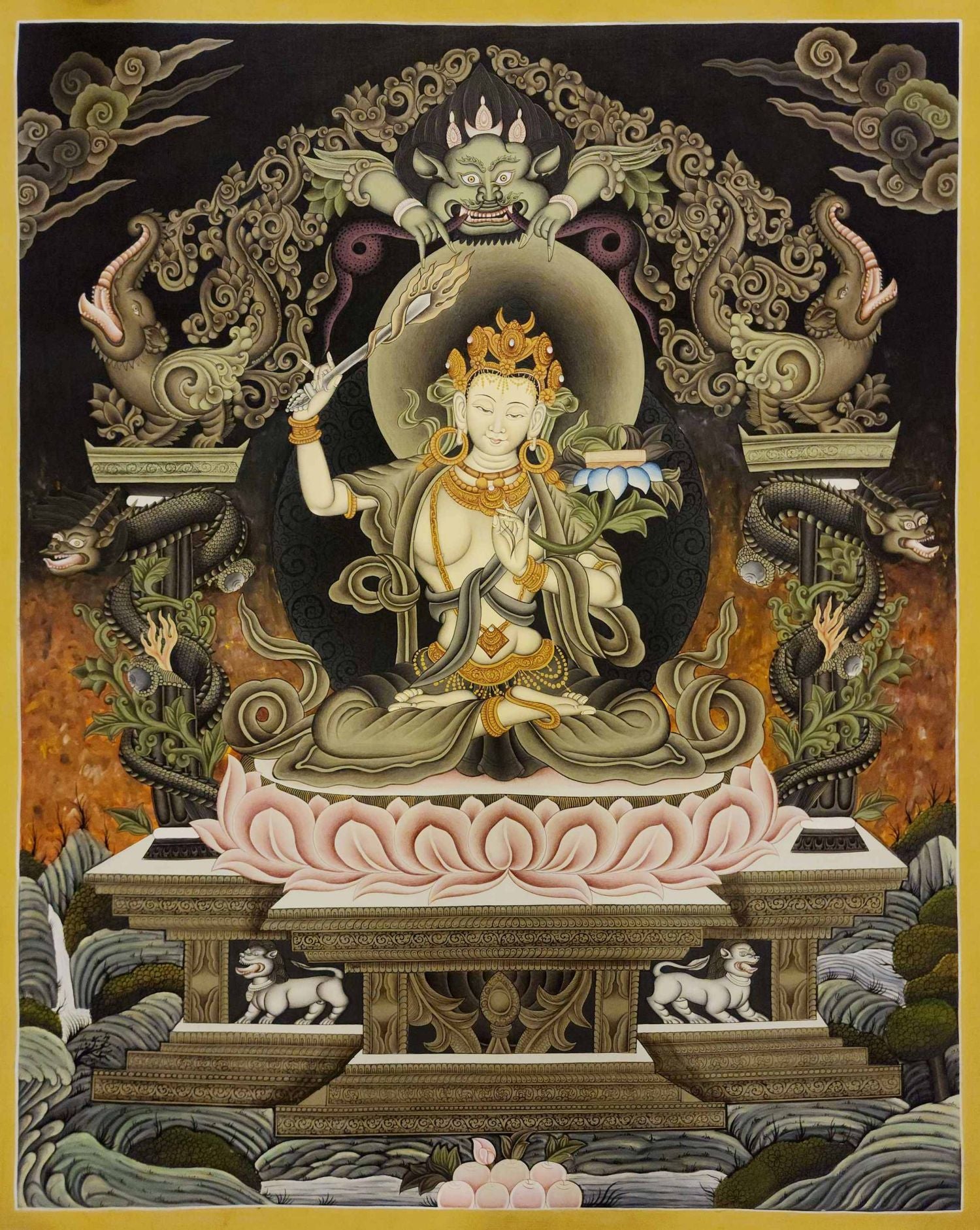 Manjushri Thangka,  Master Quality, Buddhist Traditional Painting, Newari Style,  Rare Find        , Wisdom Buddha, cutting through ignorance with the sword of insight