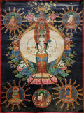 Sahasrabhuja Avalokitesvara Thangka,  Master Quality, Buddhist Traditional Painting, Tibetan Style,  Real Gold,  Oiled Thangka,  Old Stock