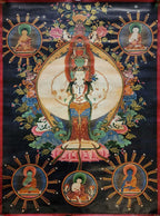 Sahasrabhuja Avalokitesvara Thangka,  Master Quality, Buddhist Traditional Painting, Tibetan Style,  Real Gold,  Oiled Thangka,  Old Stock