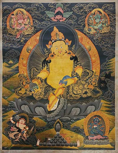 Five Jambhala Thangka, Buddhist Traditional Painting, Tibetan Style,  Oiled Thangka,  Old Stock        , Five Wealth Deities, Bringing Prosperity, Fortune, and Generosity