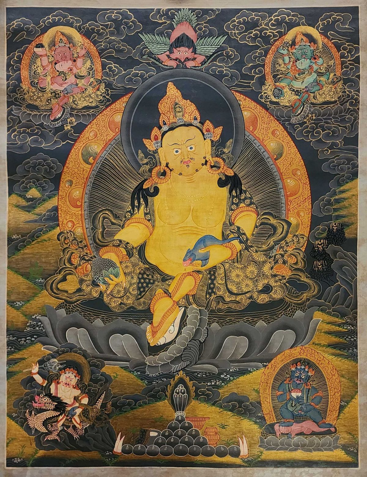 Five Jambhala Thangka, Buddhist Traditional Painting, Tibetan Style,  Oiled Thangka,  Old Stock        , Five Wealth Deities, Bringing Prosperity, Fortune, and Generosity