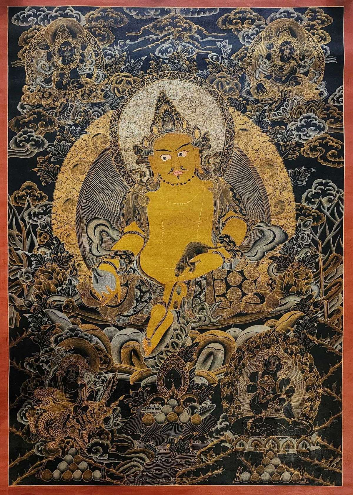 Five Jambhala Thangka,  Good Quality, Buddhist Traditional Painting, Tibetan Style,  Oiled Thangka,  Old Stock        , Five Wealth Deities, Bringing Prosperity, Fortune, and Generosity
