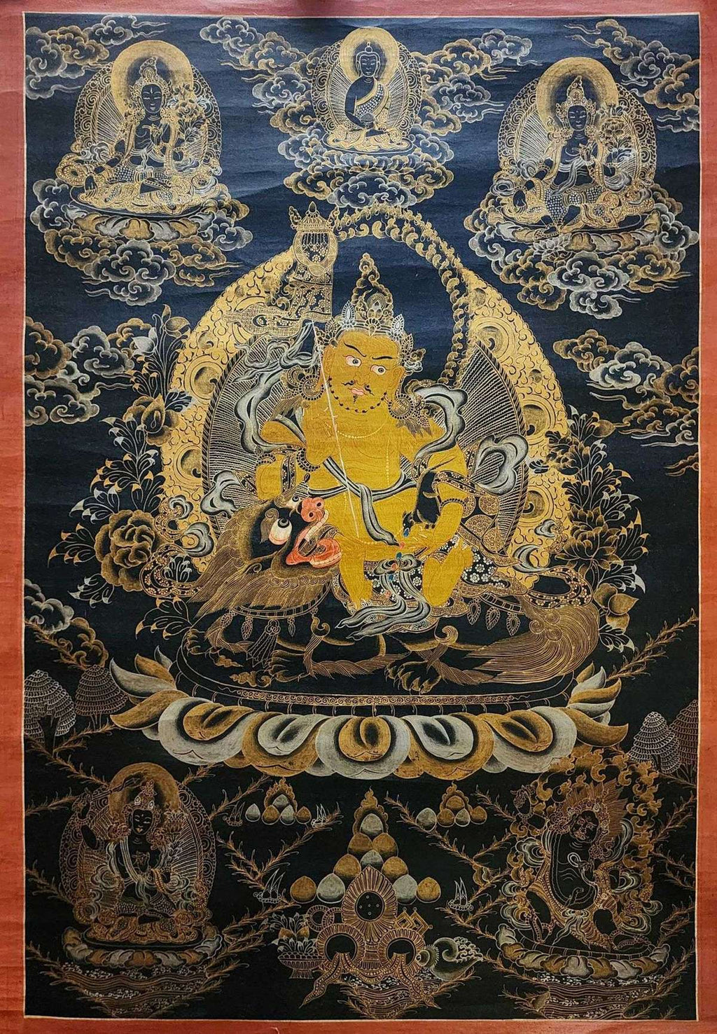 Jambhala: Namtose Thangka, Buddhist Traditional Painting, Tibetan Style,  Real Gold,  Oiled Thangka,  Old Stock        , God of Wealth and Prosperity