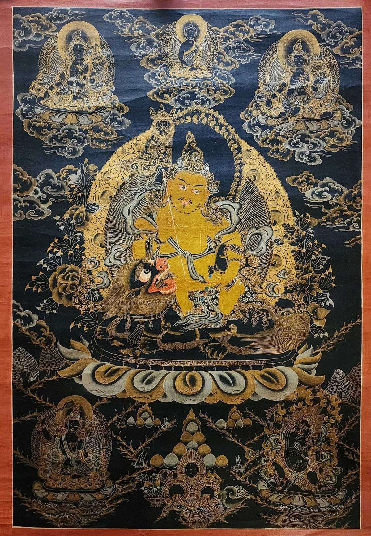 Jambhala: Namtose Thangka, Buddhist Traditional Painting, Tibetan Style,  Real Gold,  Oiled Thangka,  Old Stock        , God of Wealth and Prosperity