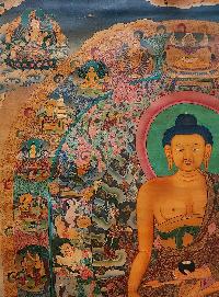 Shakyamuni Buddha Thangka, Buddhist Traditional Painting, Tibetan Style,  Real Gold,  Oiled Thangka,  Old Stock        , The Enlightened One and Teacher of Humanity