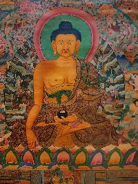 Shakyamuni Buddha Thangka, Buddhist Traditional Painting, Tibetan Style,  Real Gold,  Oiled Thangka,  Old Stock        , The Enlightened One and Teacher of Humanity
