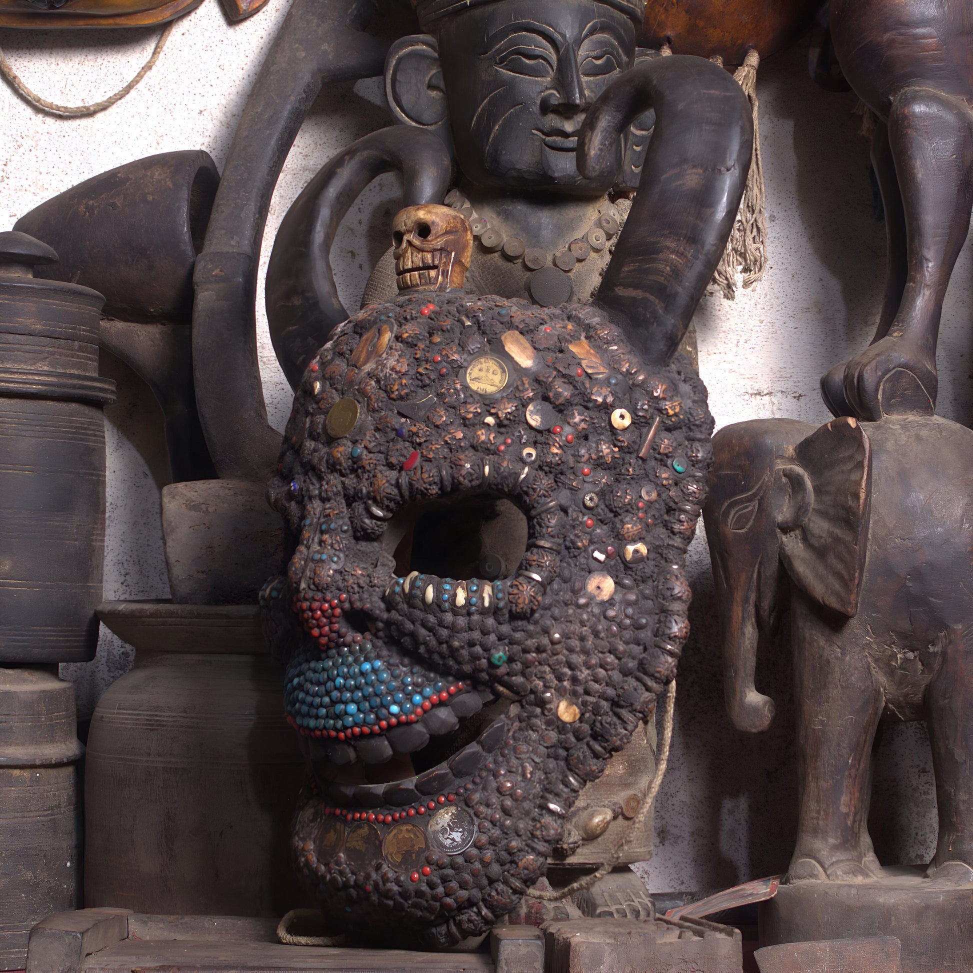 Tibetan Skull Demon King Mask With Water Buffalo Horn And Natural Stones