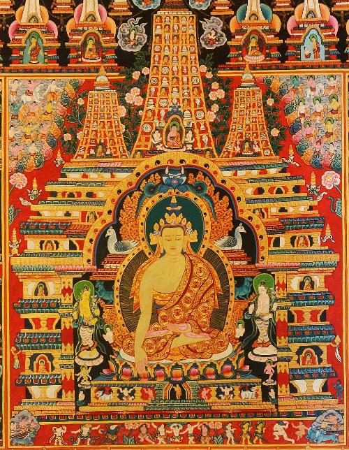 Shakyamuni Thangka, Tibetan Buddhist Art, Hand Painted,  Real Gold, One Hundred Jataka Tales,  Newari,  Buddha Gaya        , The Awakened One, Attaining Perfect Wisdom, Compassion, and Enlightenment