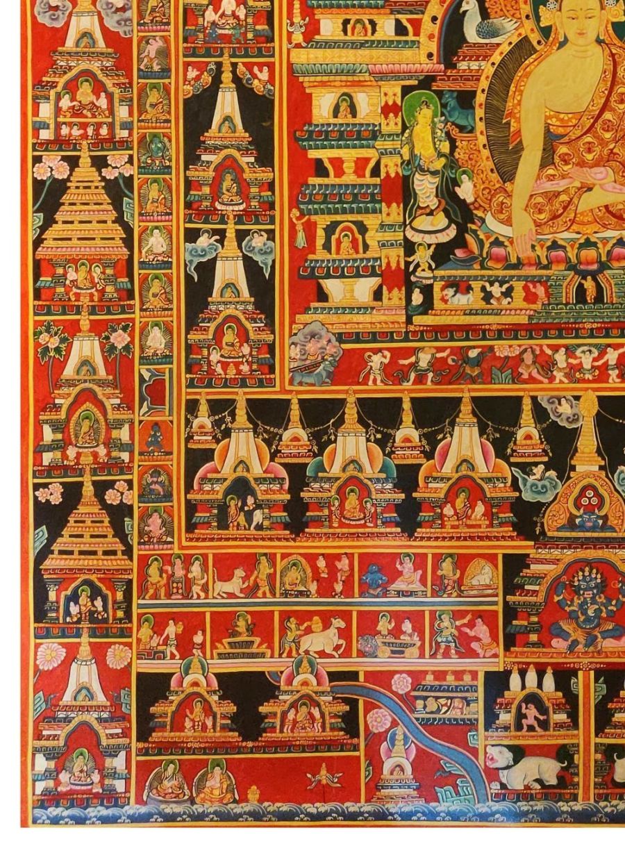 Shakyamuni Thangka, Tibetan Buddhist Art, Hand Painted,  Real Gold, One Hundred Jataka Tales,  Newari,  Buddha Gaya        , The Awakened One, Attaining Perfect Wisdom, Compassion, and Enlightenment