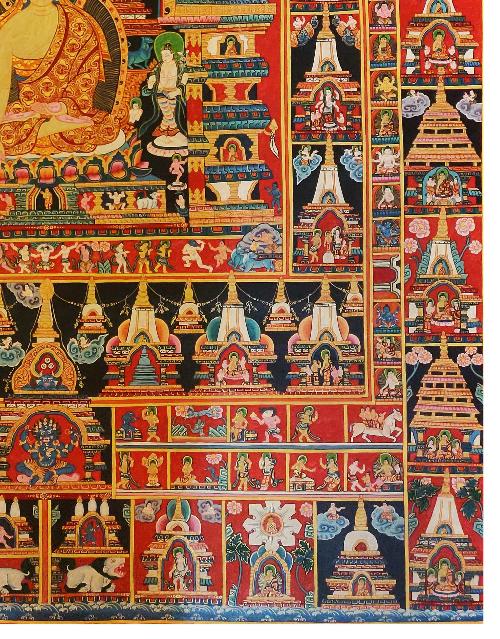 Shakyamuni Thangka, Tibetan Buddhist Art, Hand Painted,  Real Gold, One Hundred Jataka Tales,  Newari,  Buddha Gaya        , The Awakened One, Attaining Perfect Wisdom, Compassion, and Enlightenment