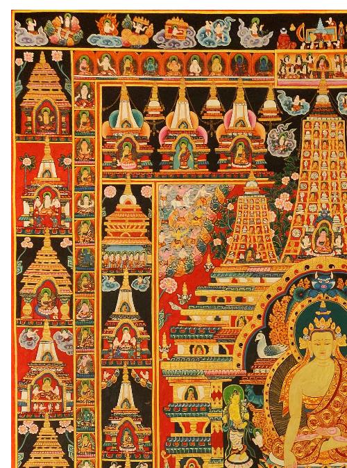 Shakyamuni Thangka, Tibetan Buddhist Art, Hand Painted,  Real Gold, One Hundred Jataka Tales,  Newari,  Buddha Gaya        , The Awakened One, Attaining Perfect Wisdom, Compassion, and Enlightenment