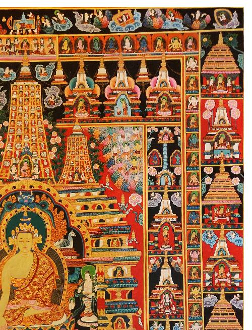 Shakyamuni Thangka, Tibetan Buddhist Art, Hand Painted,  Real Gold, One Hundred Jataka Tales,  Newari,  Buddha Gaya        , The Awakened One, Attaining Perfect Wisdom, Compassion, and Enlightenment