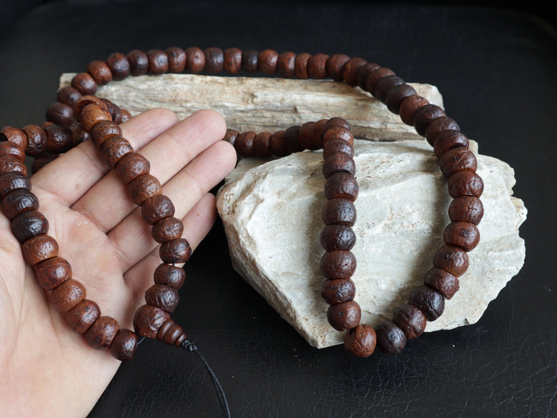 Tibetan Bodhi Seed Mala, Aged Dark Phoenix Eye Buddhist Japa Prayer Beads, Free Bodhi Bracelet