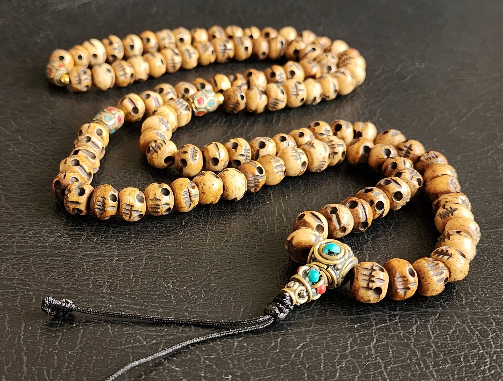 Tibetan Skull Bead Necklace Hand Carved 108 Bone Prayer Beads With Natural Stones