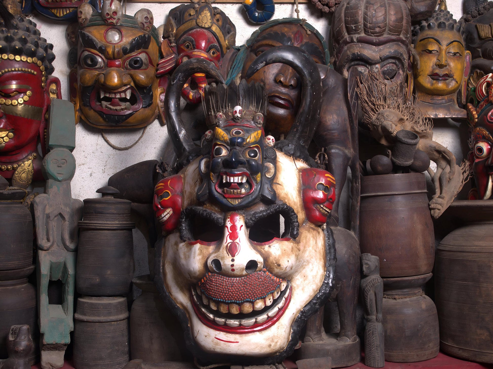 White Demon Skull Mask Tibetan Hand Carved Art With Buffalo Horns