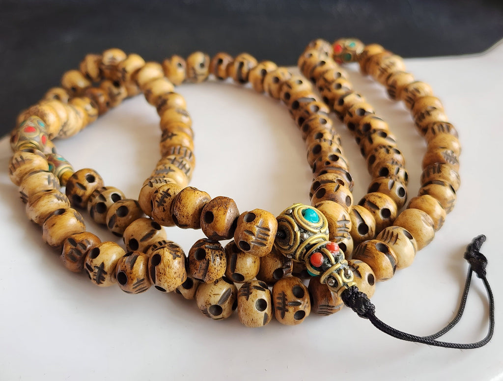 Tibetan Skull Bead Necklace Hand Carved 108 Bone Prayer Beads With Natural Stones