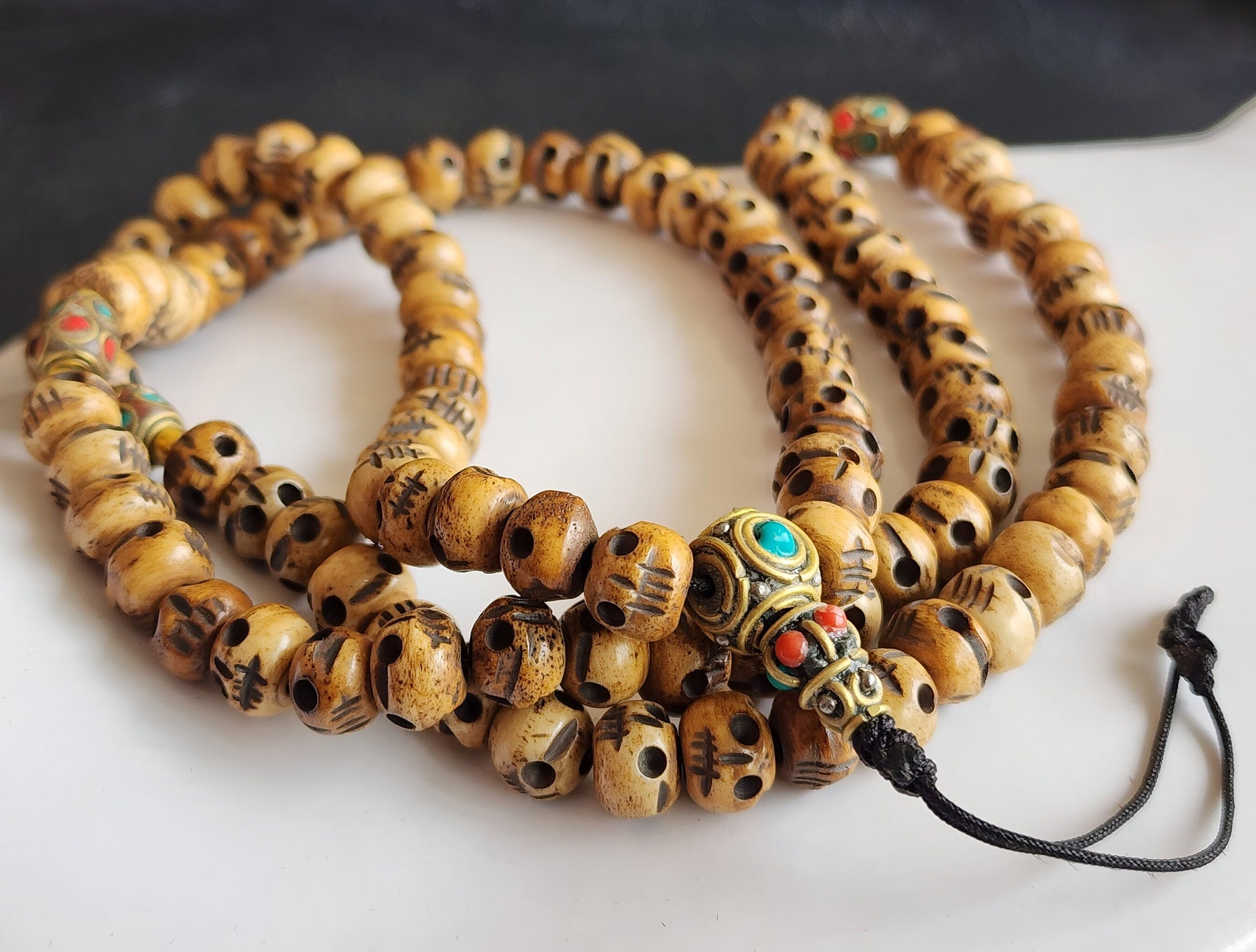 Tibetan Skull Bead Necklace Hand Carved 108 Bone Prayer Beads With Natural Stones