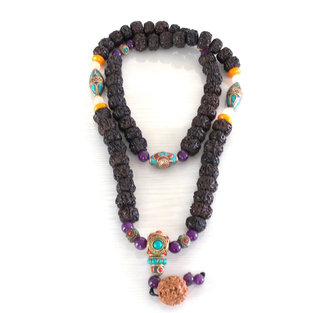 Tibetan Rudraksha Beads Mala With Natural Stones