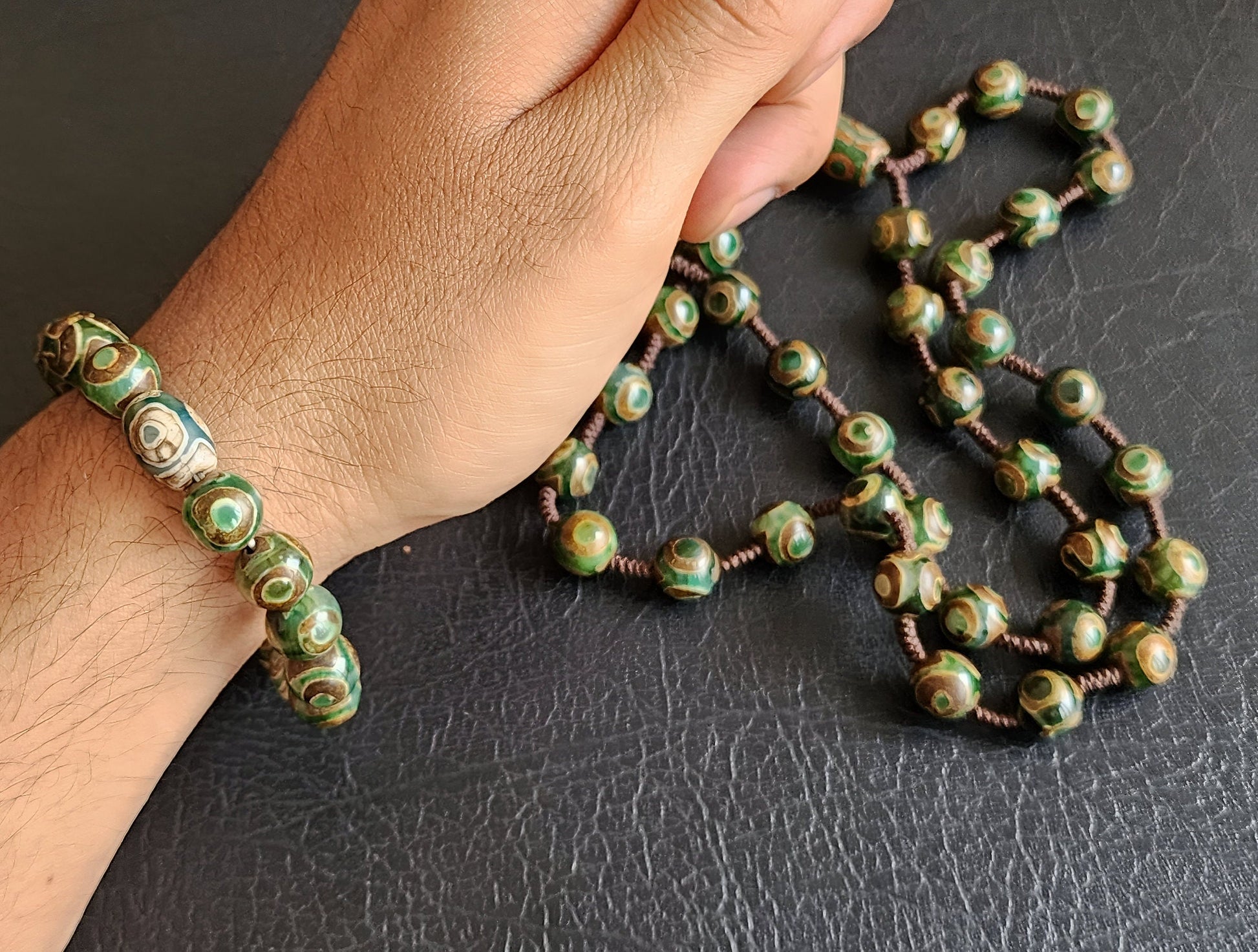 Tibetan 9 Eye Dzi Beads Necklace And Bracelet Set- Nine Eye Good Luck Mala - Yin & Yang Protection Bead Mala - Spiritual Gift For Well-Being