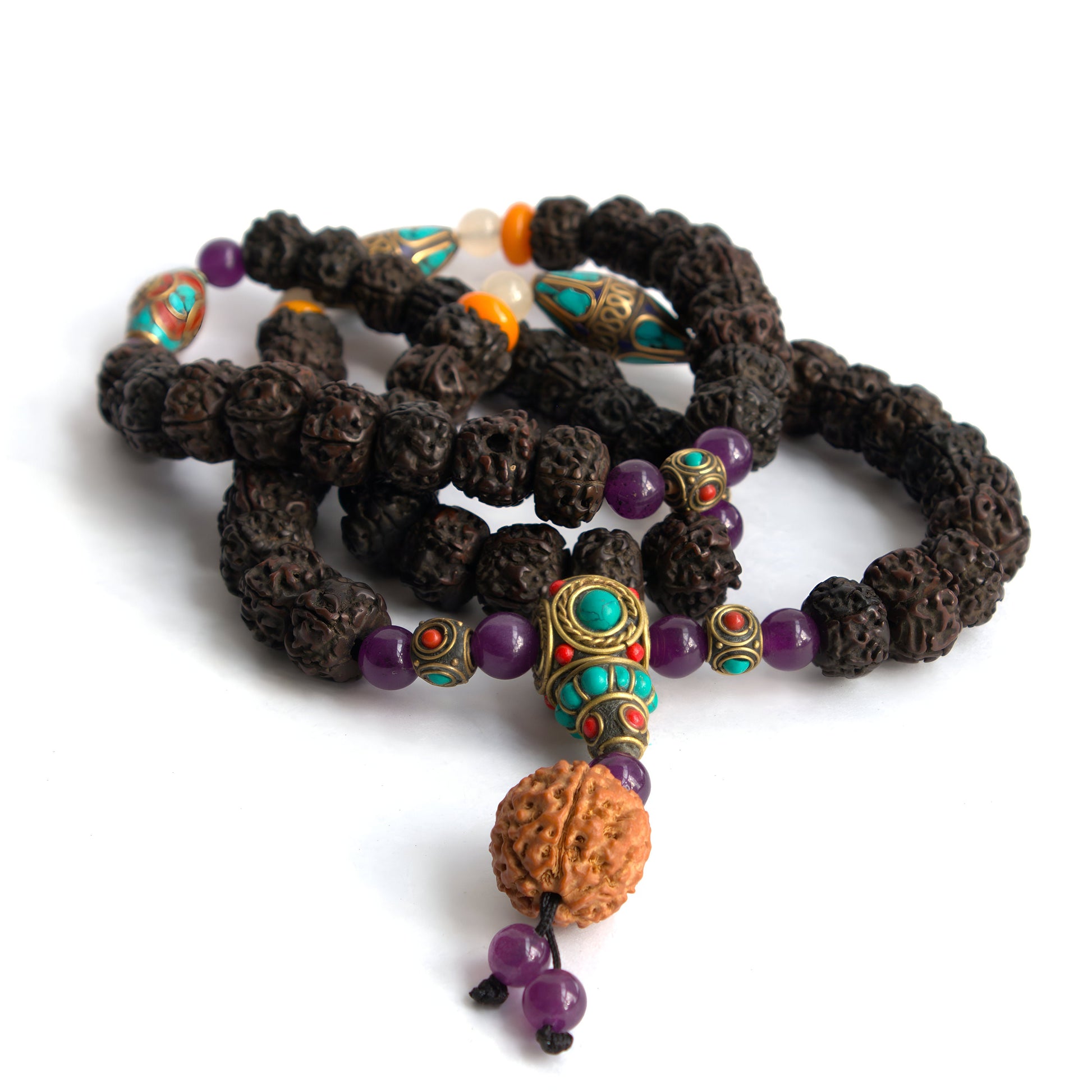 Tibetan Rudraksha Beads Mala With Natural Stones