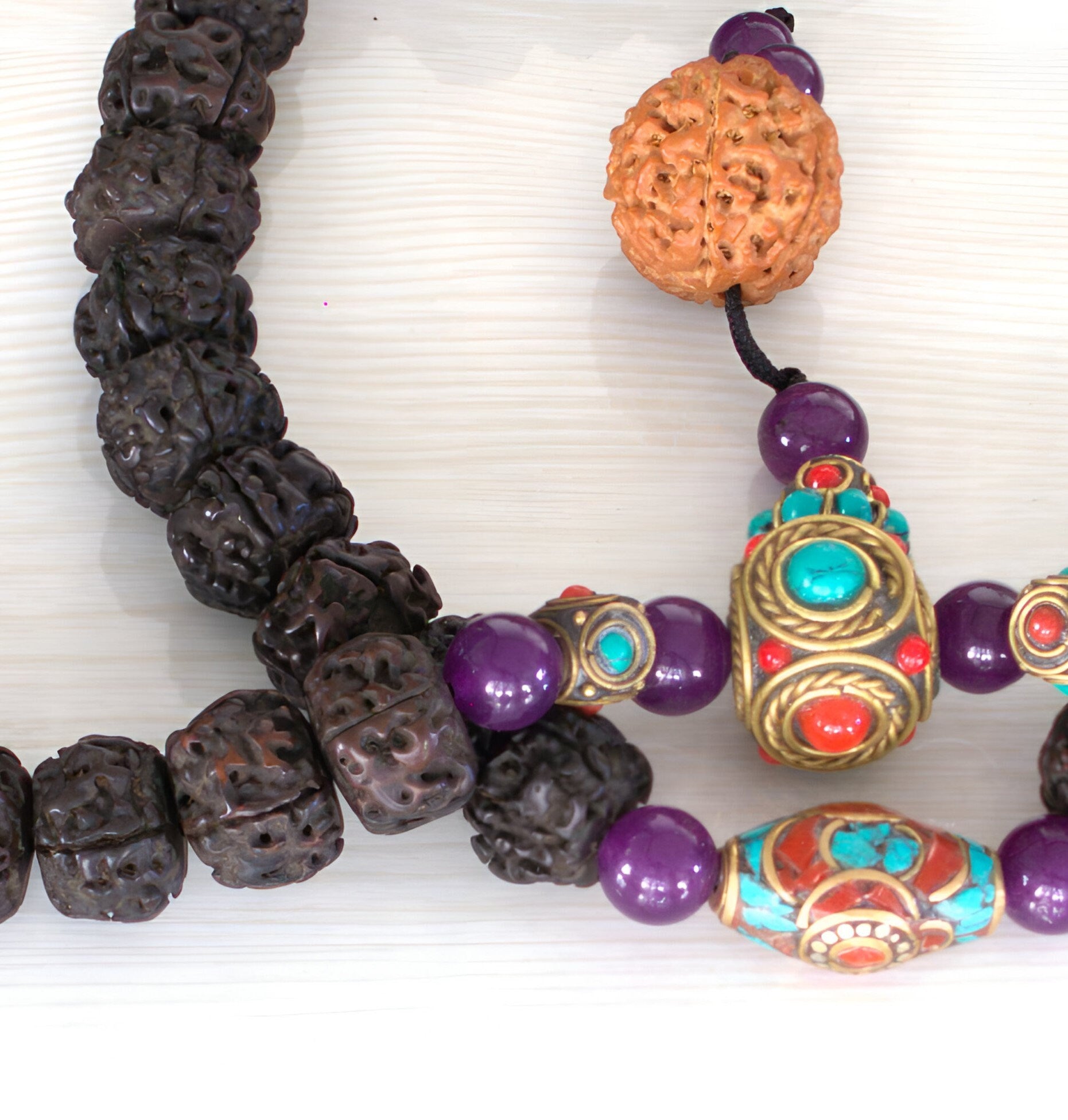 Tibetan Rudraksha Beads Mala With Natural Stones
