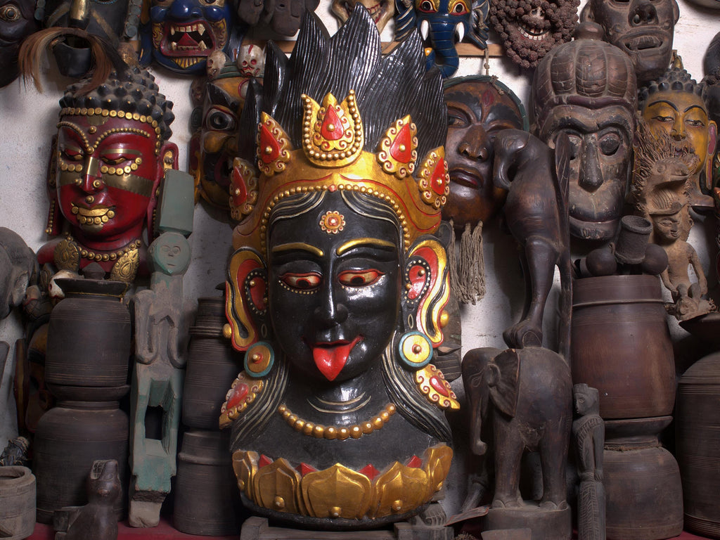 Ma Kali Vintage Wooden Mask, Sacred Kali Mata Wall Hanging Handmade By Tibetan Artisans, Powerful Ma Kali Energy Idol
