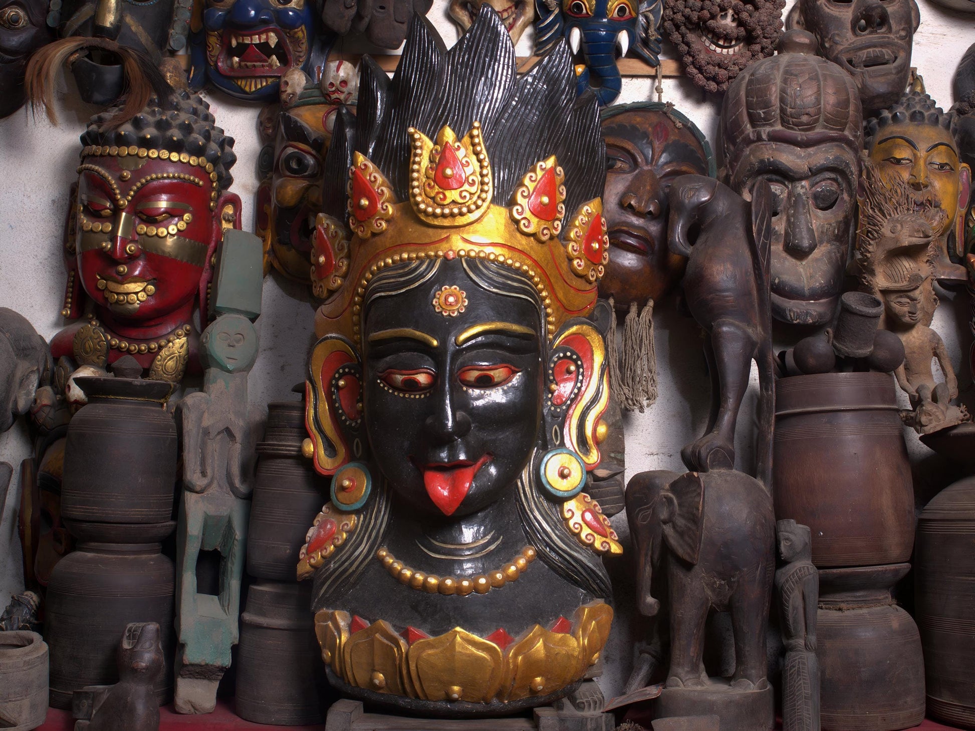 Ma Kali Vintage Wooden Mask, Sacred Kali Mata Wall Hanging Handmade By Tibetan Artisans, Powerful Ma Kali Energy Idol