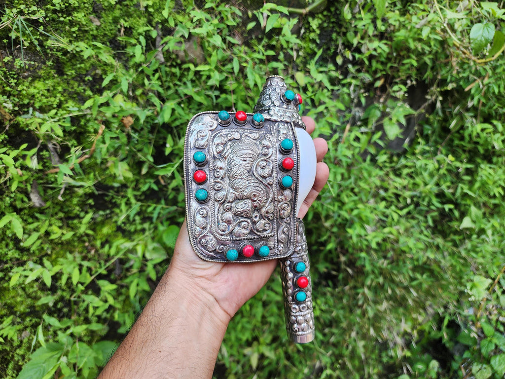 Tibetan Vajra Conch Shell With Intricate Handcrafted Artistry
