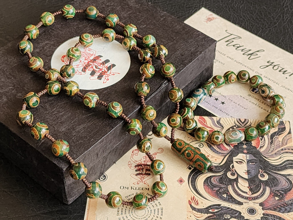 Tibetan 9 Eye Dzi Beads Necklace And Bracelet Set- Nine Eye Good Luck Mala - Yin & Yang Protection Bead Mala - Spiritual Gift For Well-Being