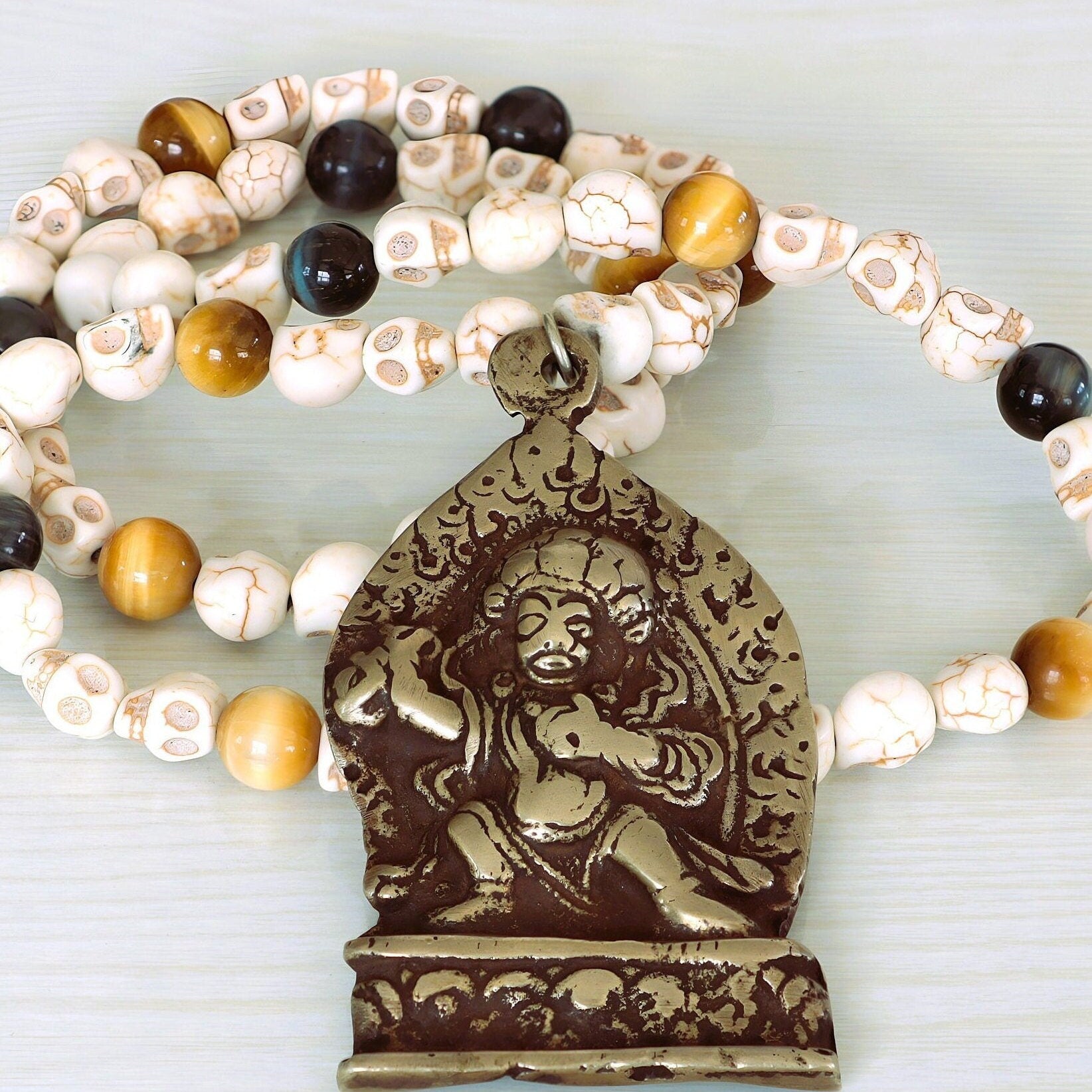 Vintage Bhairav Pendant Skull & Tiger Eye Mala