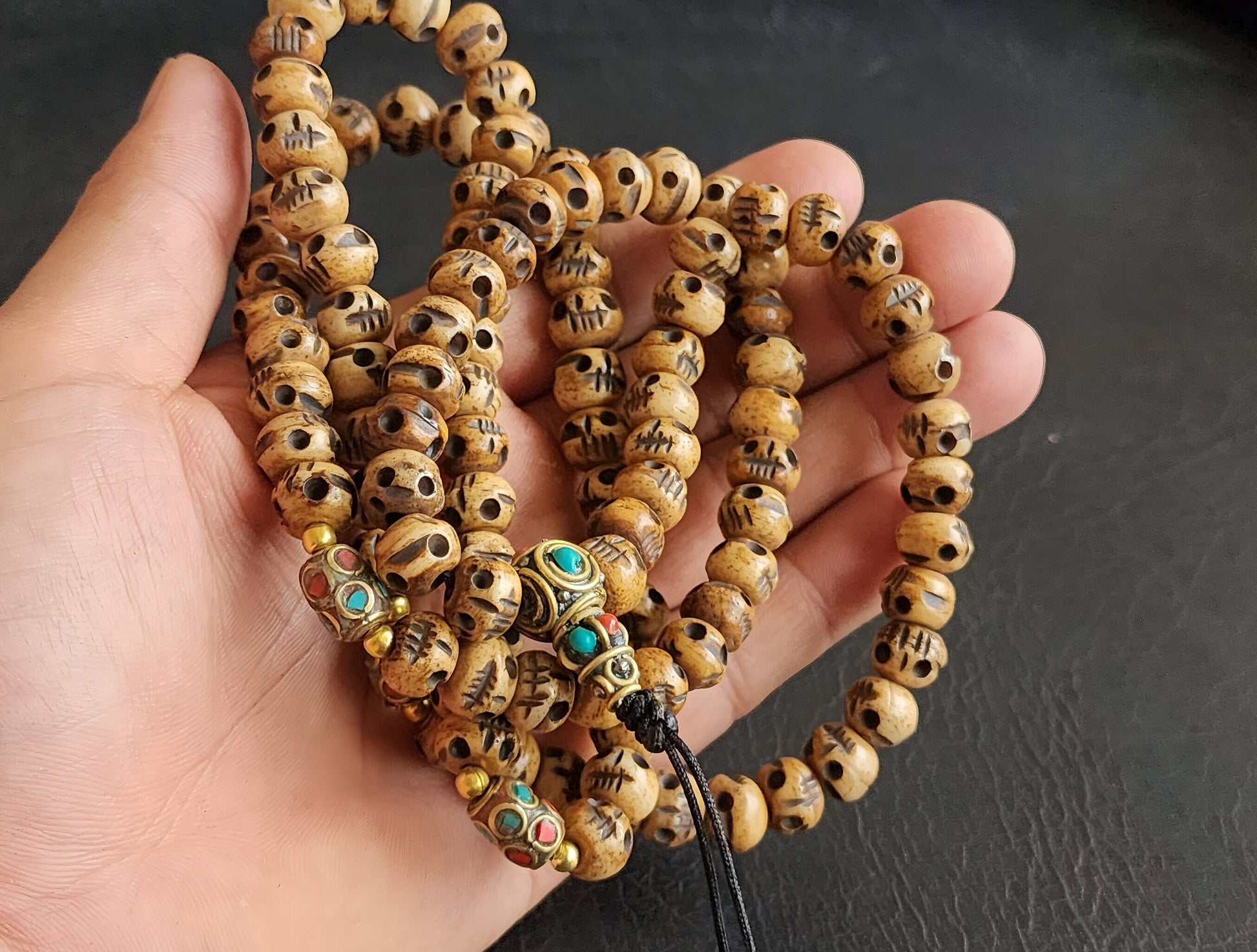 Tibetan Skull Bead Necklace Hand Carved 108 Bone Prayer Beads With Natural Stones