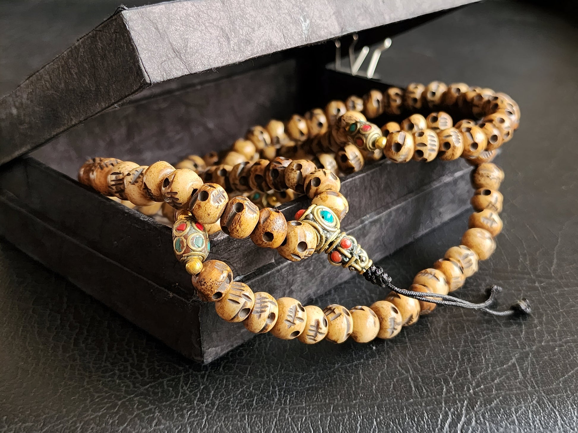 Tibetan Skull Bead Necklace Hand Carved 108 Bone Prayer Beads With Natural Stones